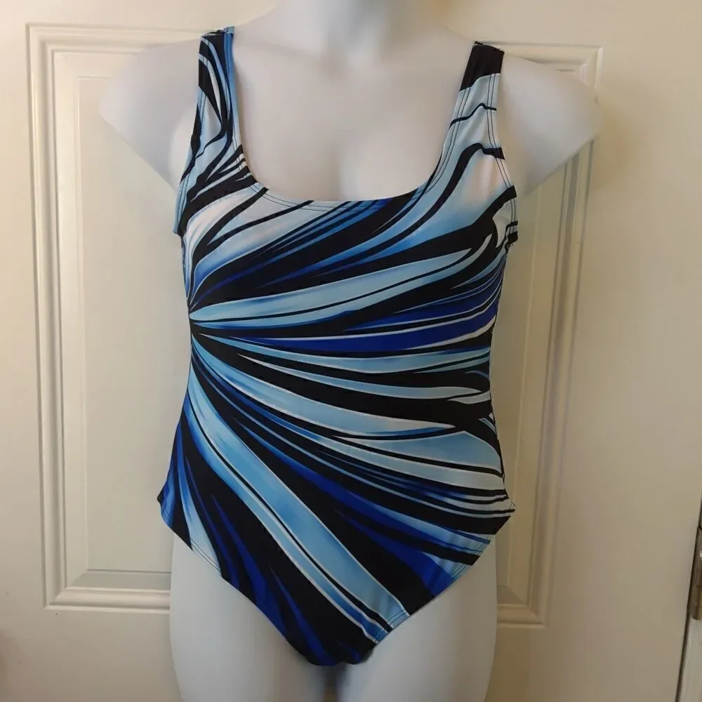 Blue black and white horizontal striped one piece swimsuit